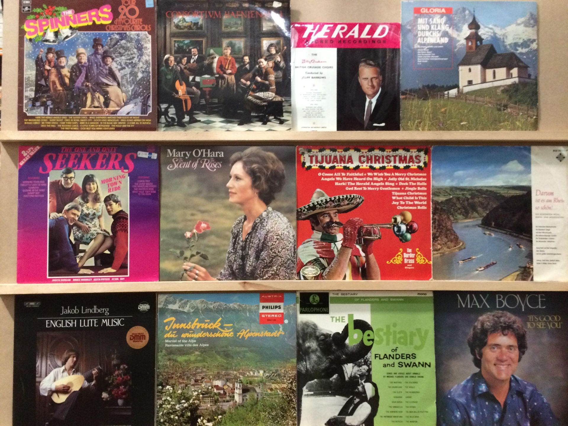 Contents to green plastic box - approximately 70 assorted LPs - many Spinners and other folk music,