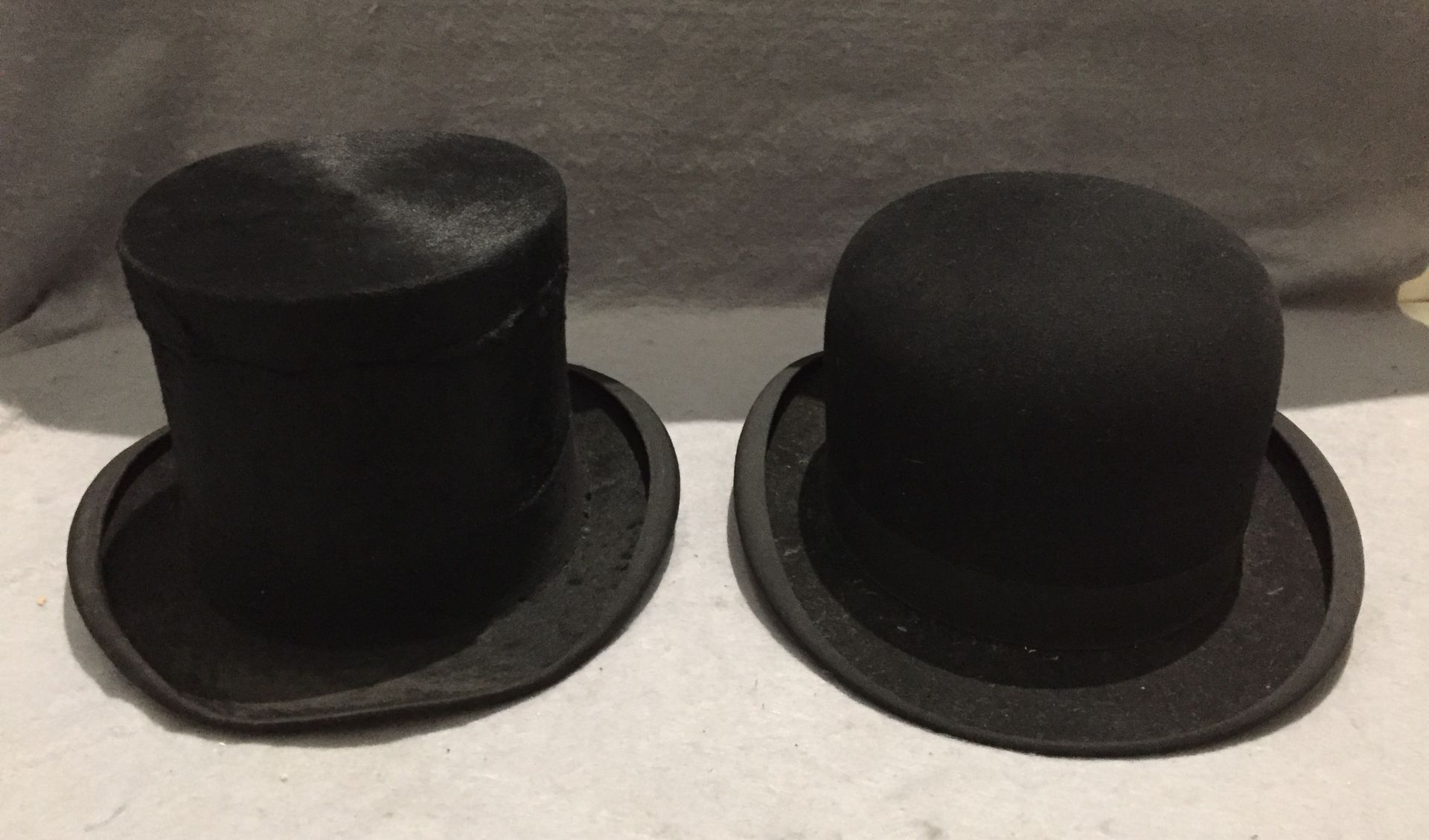 Dunn & Co long oval bowler hat and Battersby & Co top hat size 6 5/8