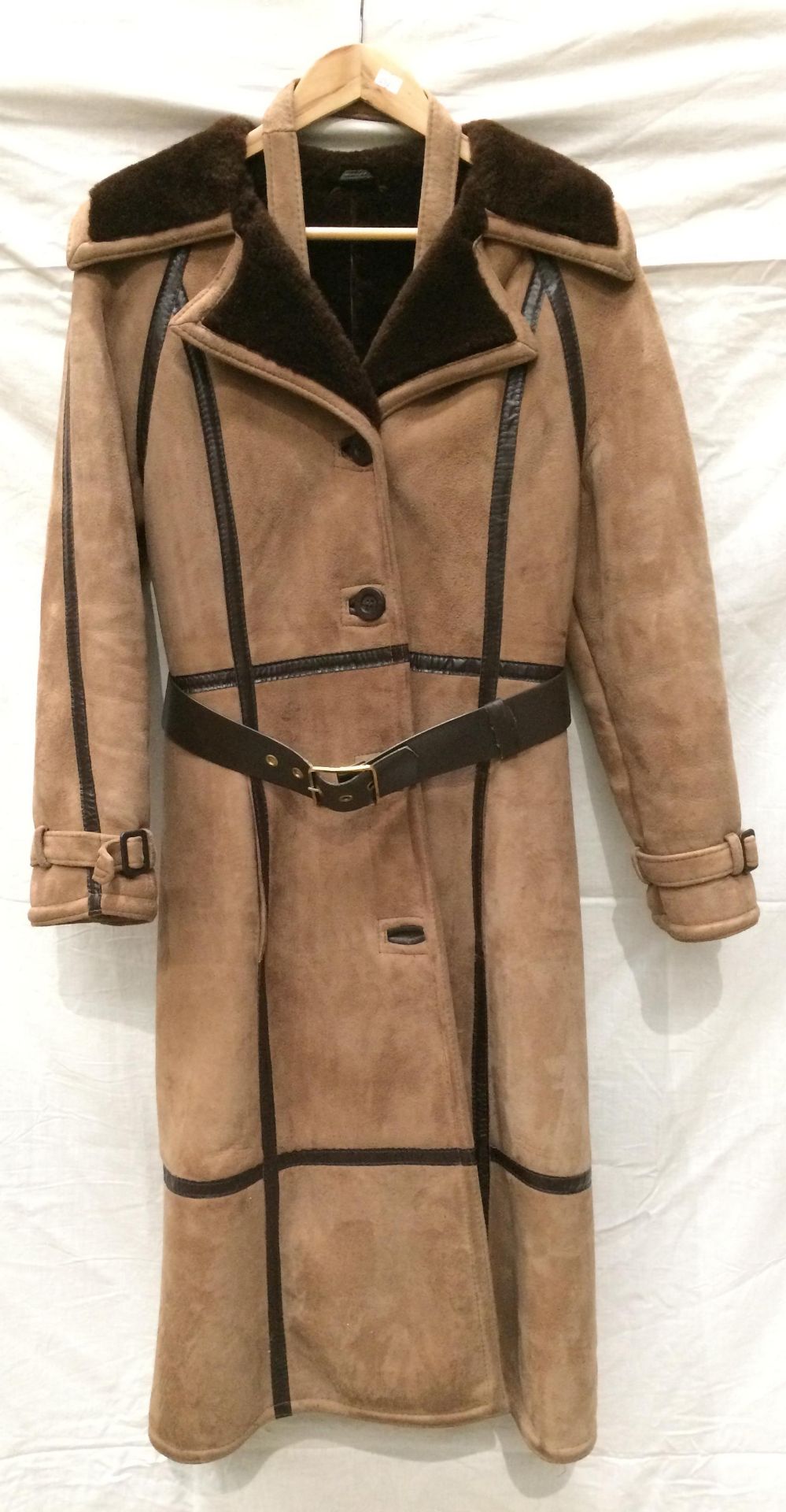 A Glenhusky of Scotland light brown 100% sueded shearling lady's long coat complete with belt