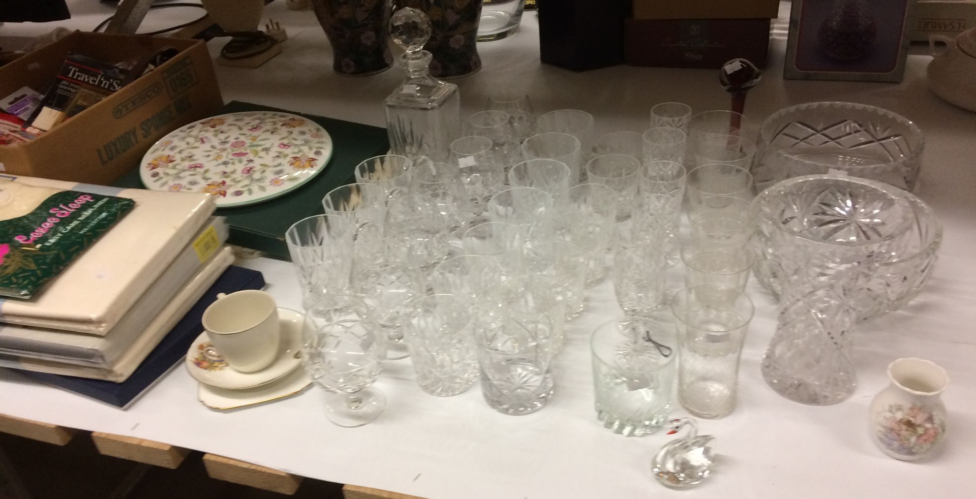 Remaining contents to rack - glassware including bowls, decanter, glasses,
