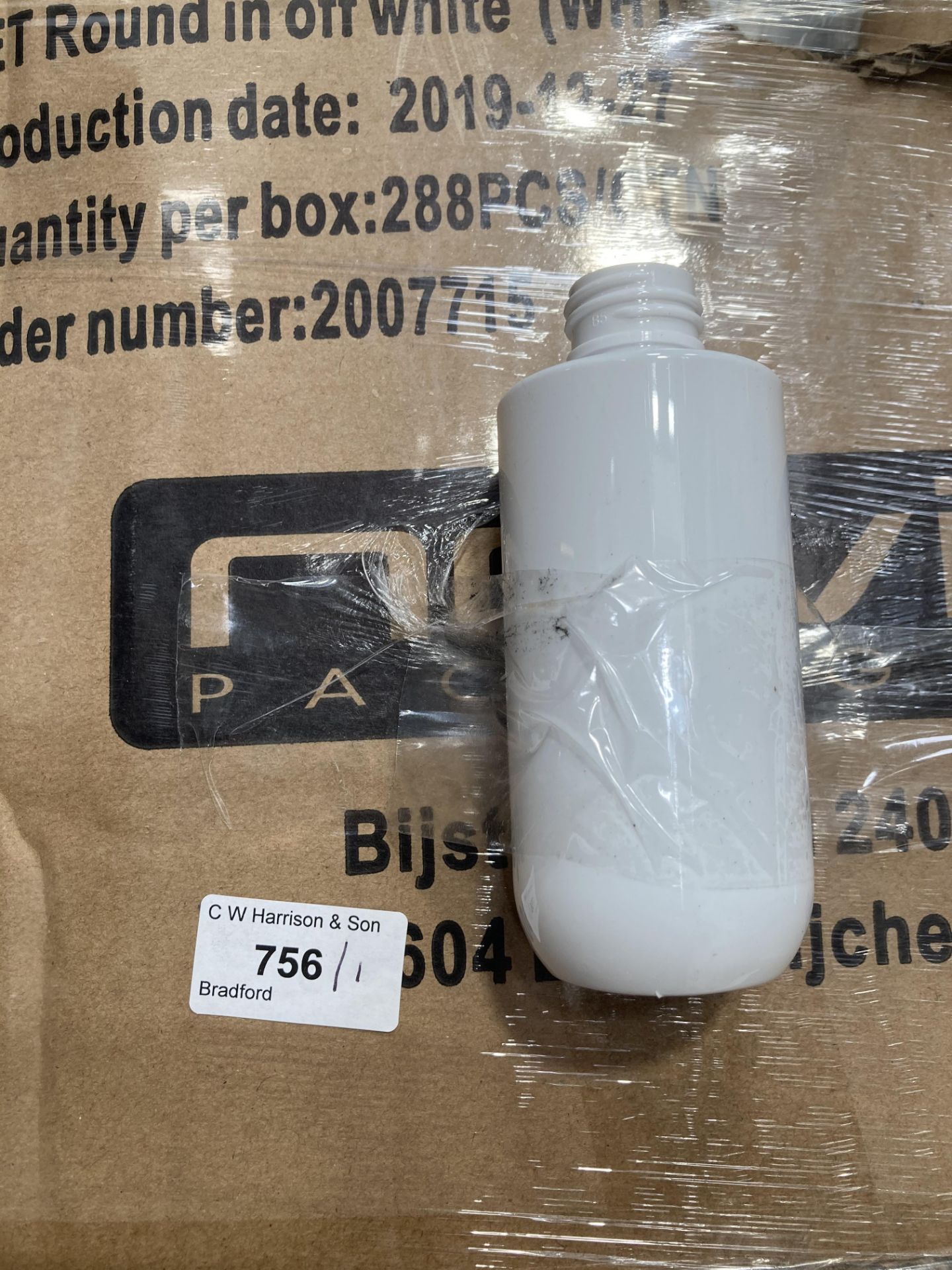 One box of 150ml round off white PET bottles with 20/410 NWT finish (no caps - 288 units per box)