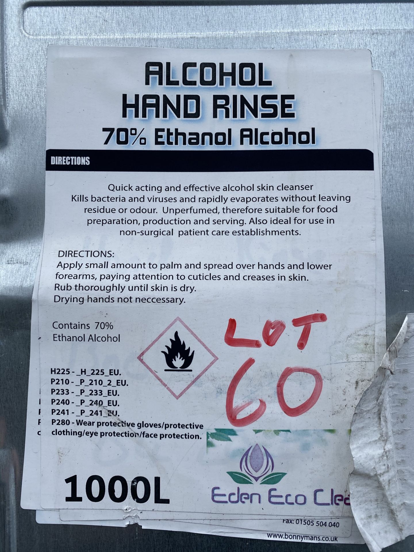 Contents to 1000ltr IBC - Alcohol Hand Rinse - 70% Ethanol Alcohol as per label - Image 2 of 2