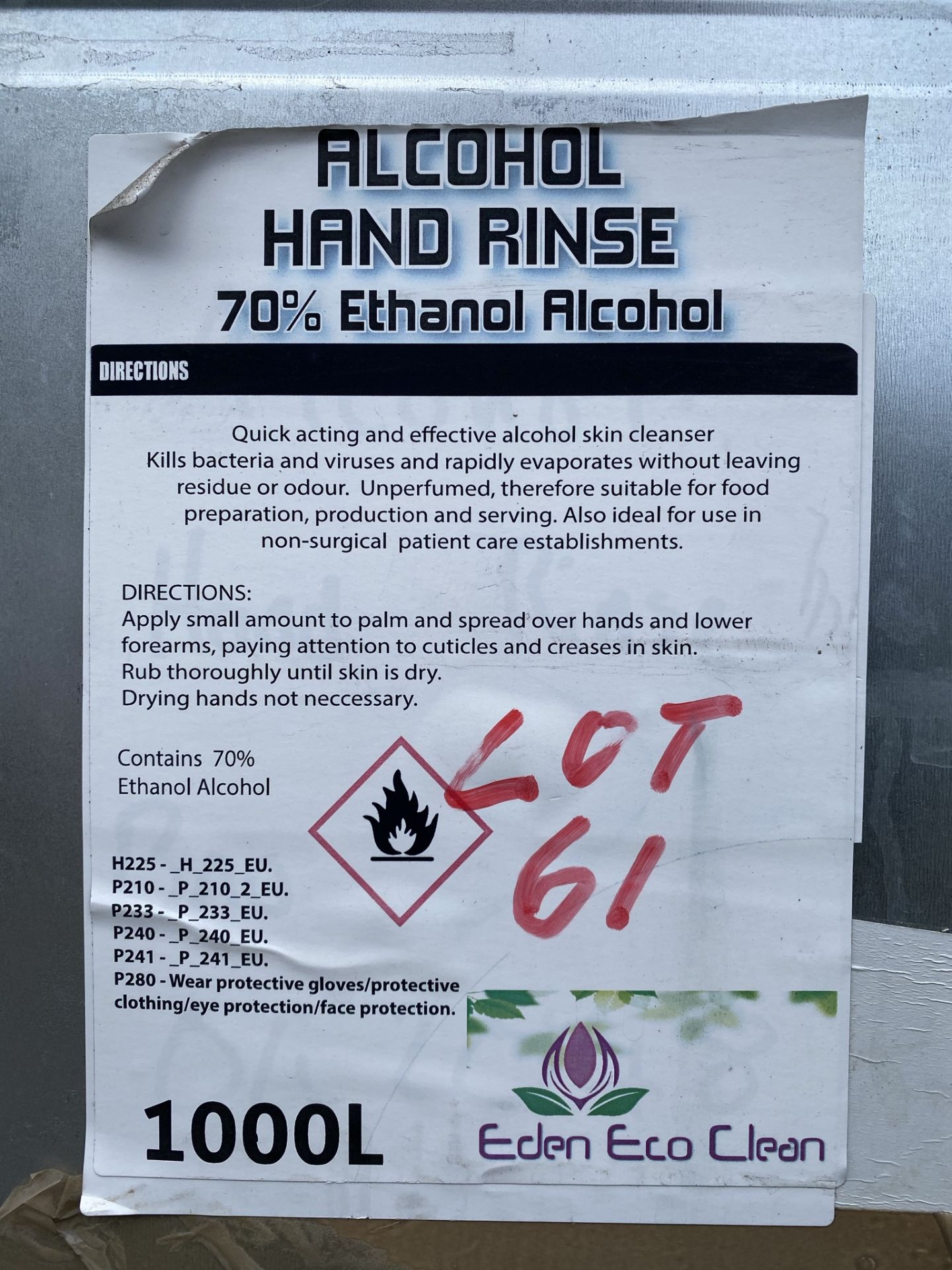 Contents to 1000ltr IBC - Alcohol Hand Rinse - 70% Ethanol Alcohol as per label - Image 2 of 2