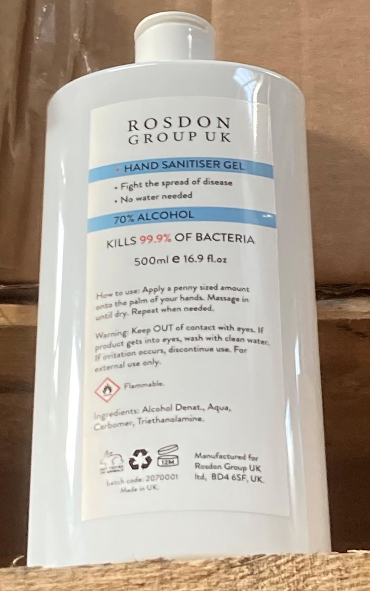 One box of Rosdon Group hand sanitiser gel 500ml (36 units per box)