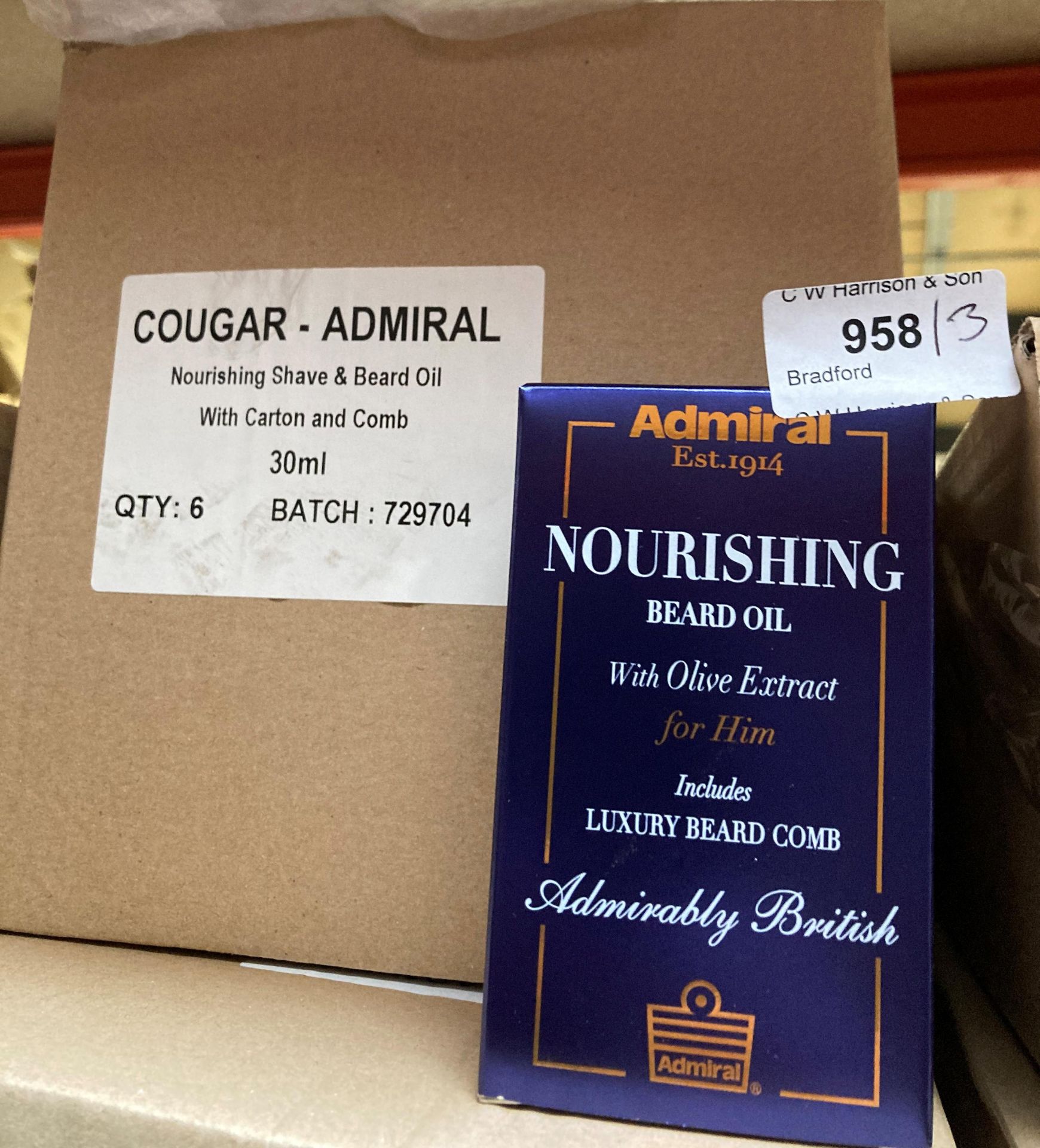 One hundred boxes of Cougar/Admiral Nourishing Shave & Beard Oil with carton and comb (6 units per