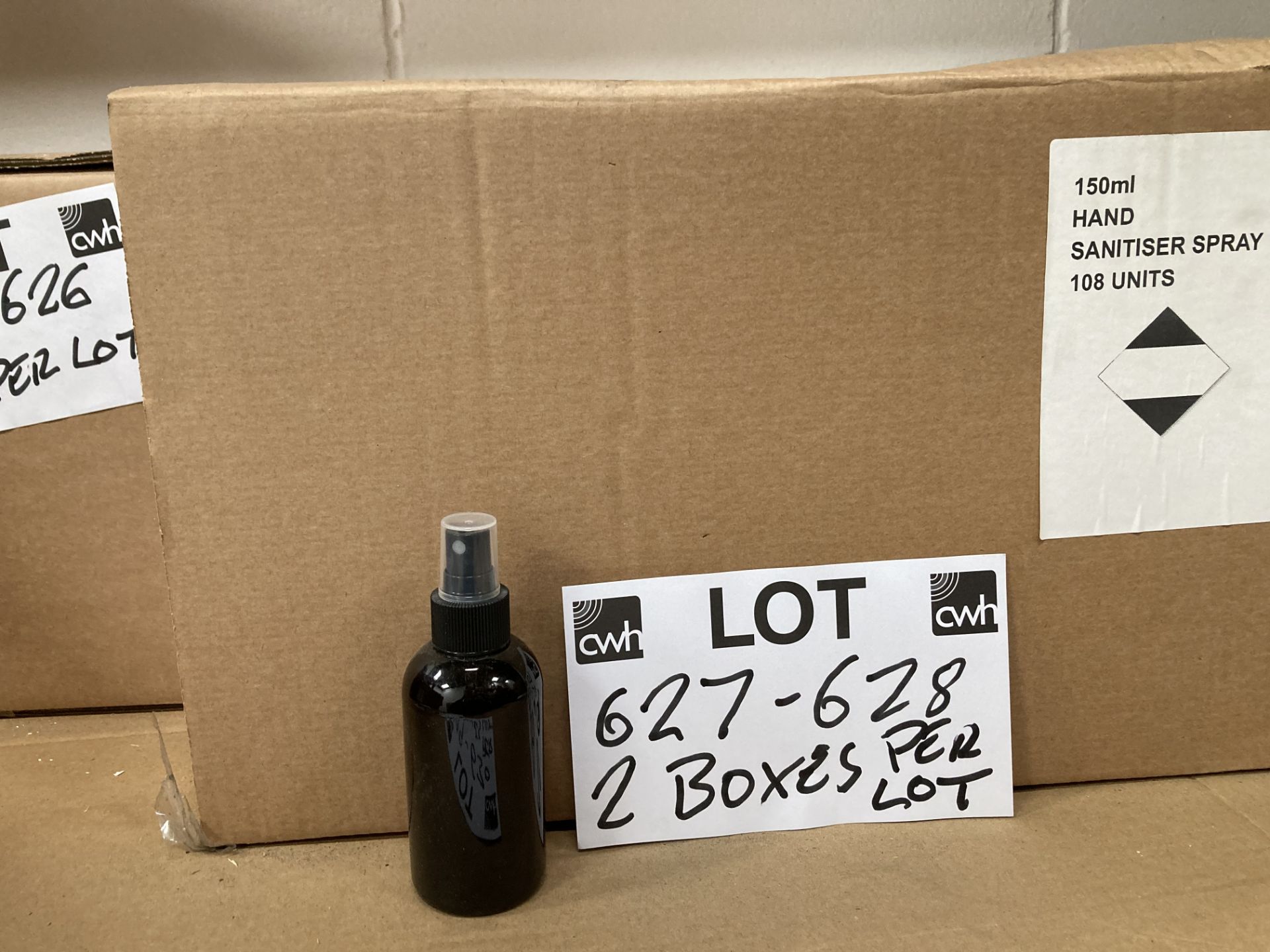Two boxes of unlabelled 150ml hand sanitiser spray (108 units per box)