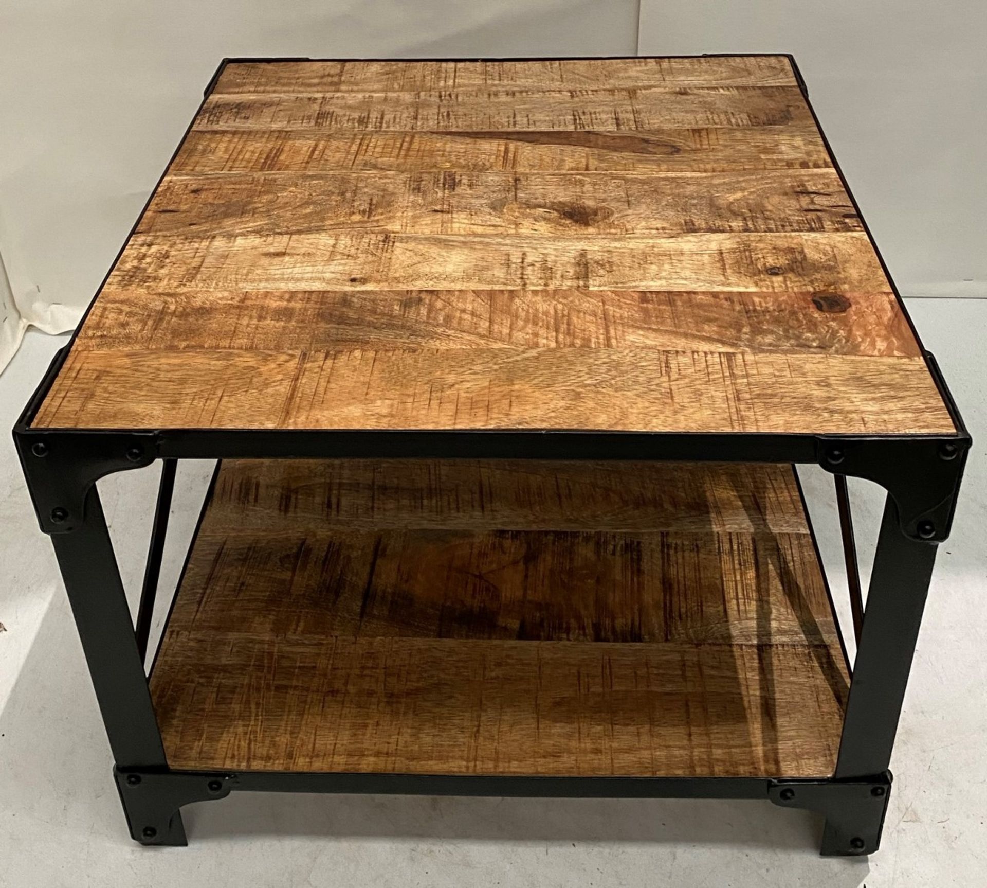 An Industrial coffee table with wooden top and black metal frame - 600mm x 600mm - Image 3 of 6
