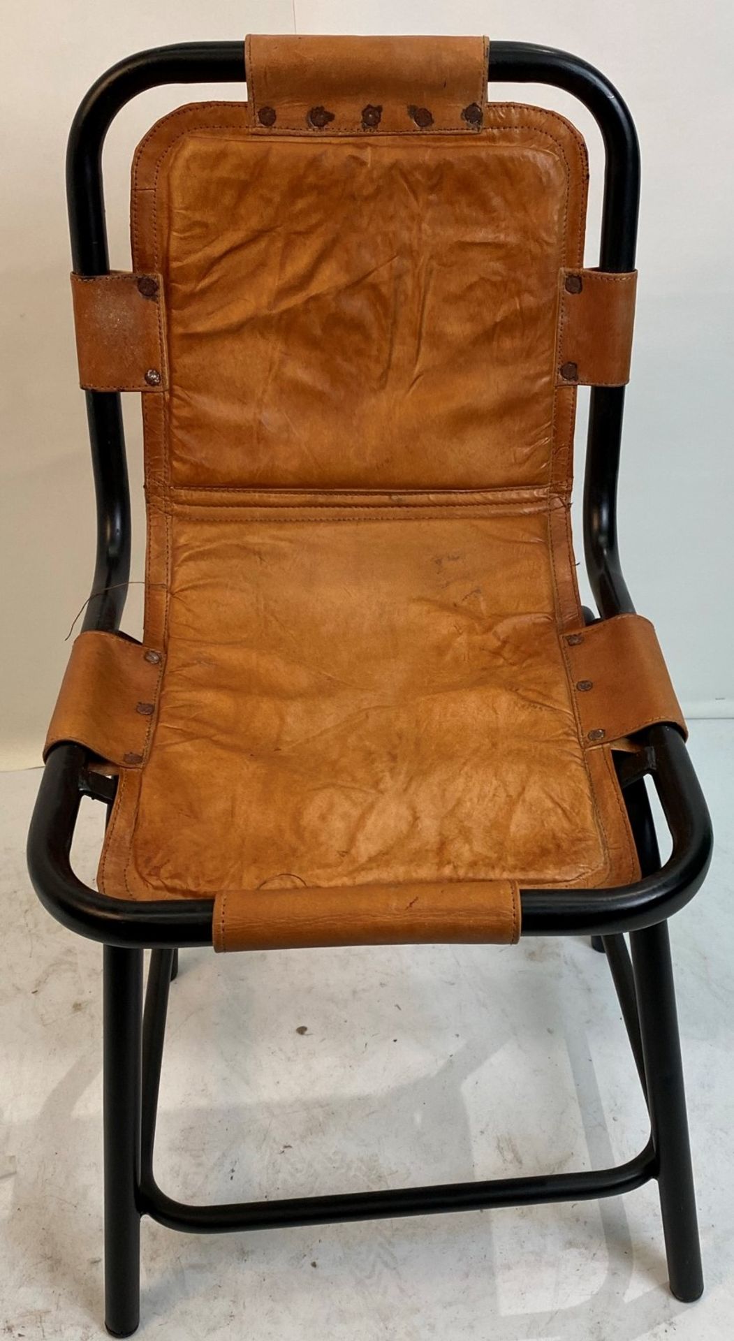 3 x Leather Low Stool Saddle Side Chairs with black metal frames- Please note studs on opened
