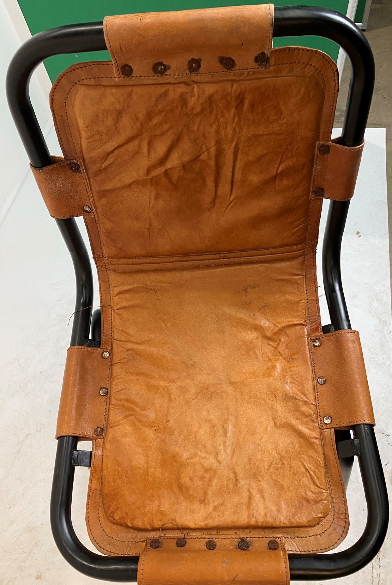 3 x Leather Low Stool Saddle Side Chairs with black metal frames- Please note studs on opened - Image 7 of 8