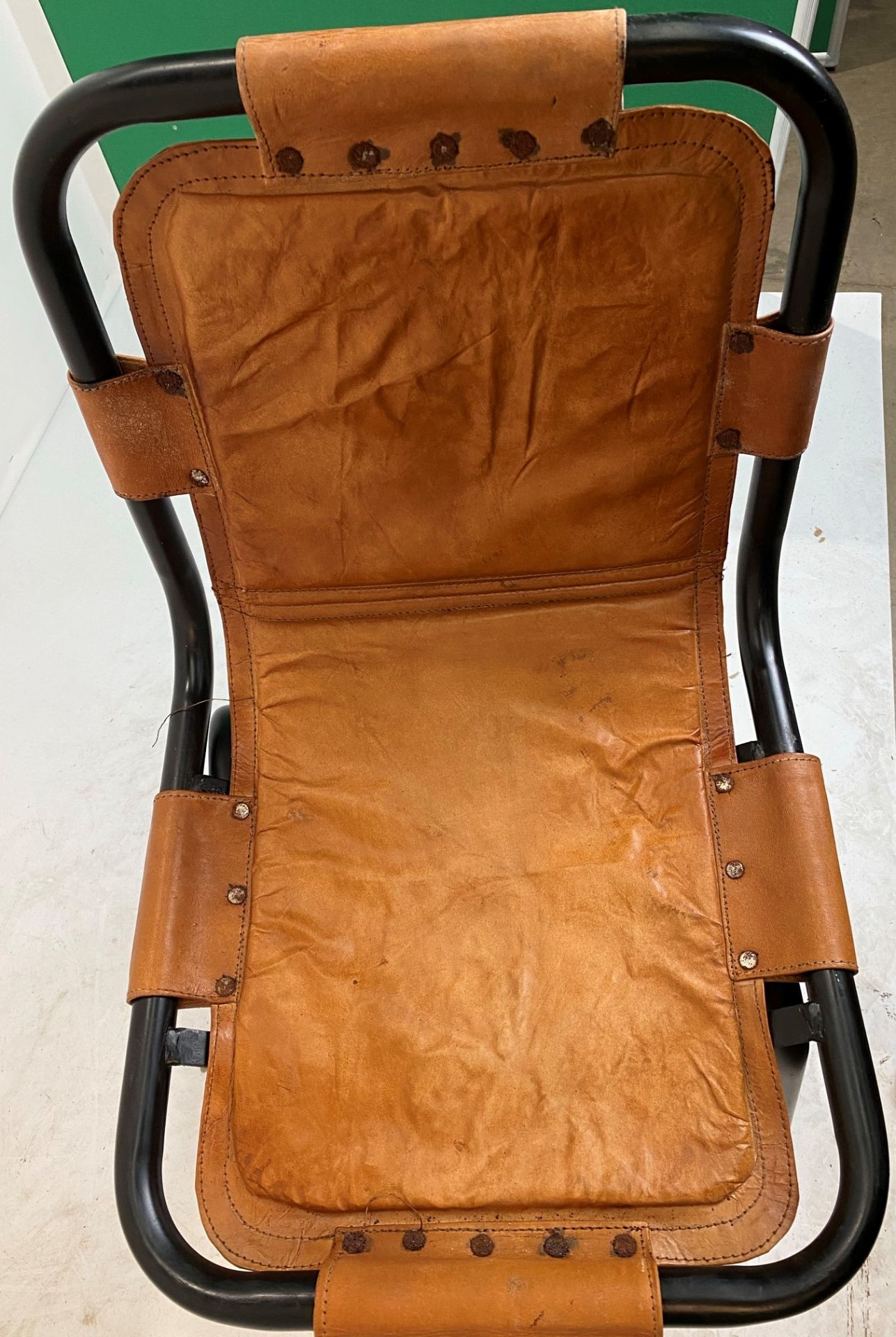 3 x Leather Low Stool Saddle Side Chairs with black metal frames- Please note studs on opened - Image 8 of 8