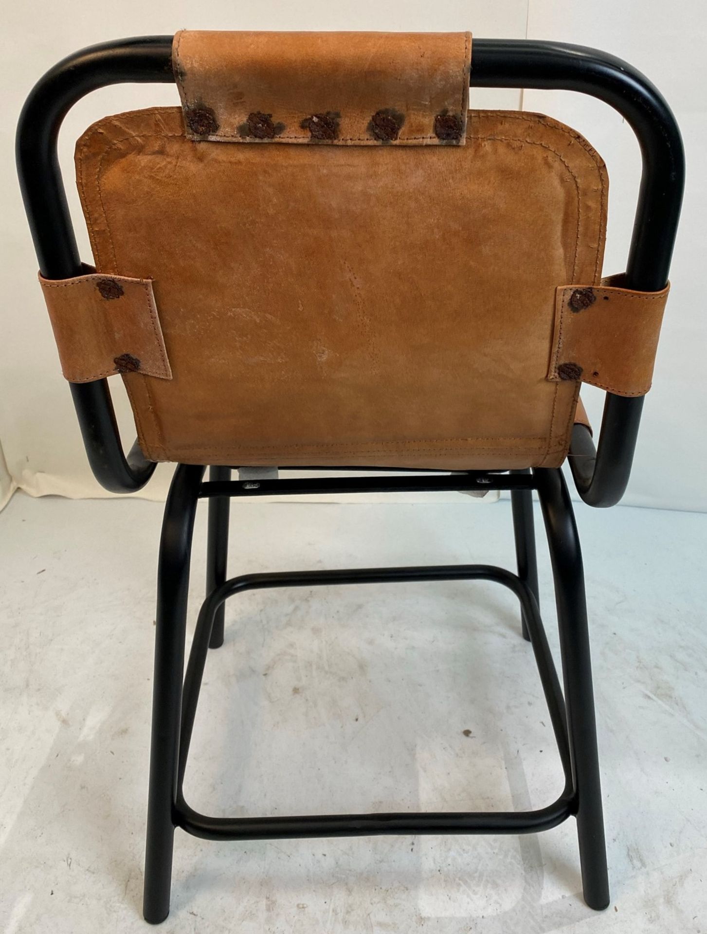 3 x Leather Low Stool Saddle Side Chairs with black metal frames- Please note studs on opened - Image 5 of 8