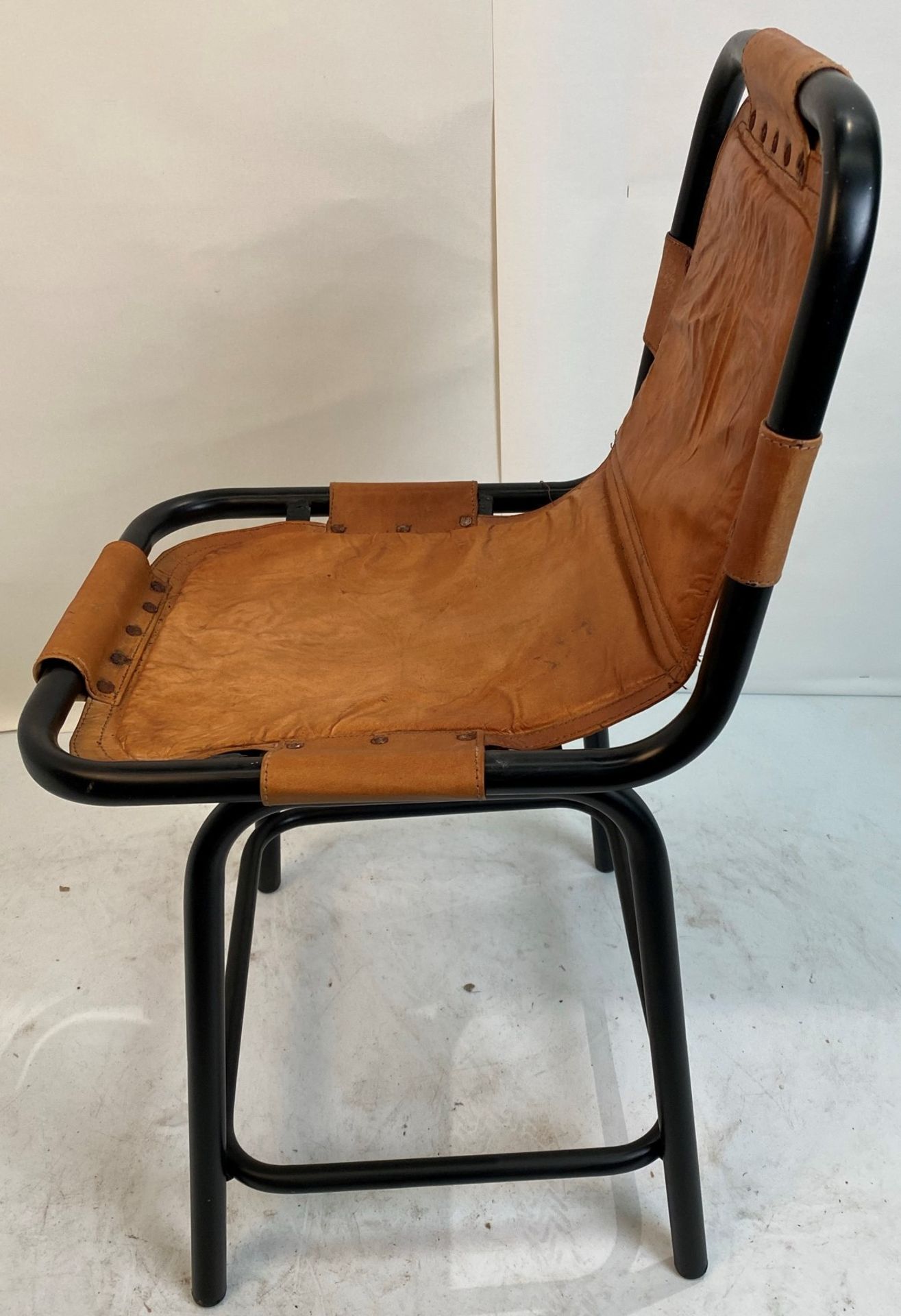 3 x Leather Low Stool Saddle Side Chairs with black metal frames- Please note studs on opened - Image 3 of 8