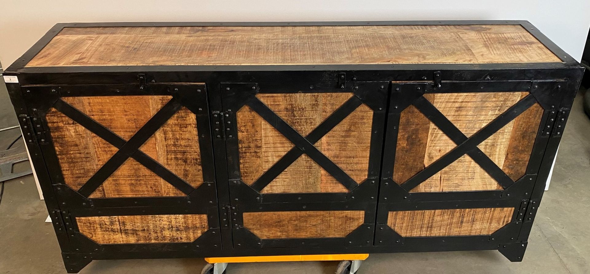 Industrial, distressed finish black metal and timber 3 door sideboard