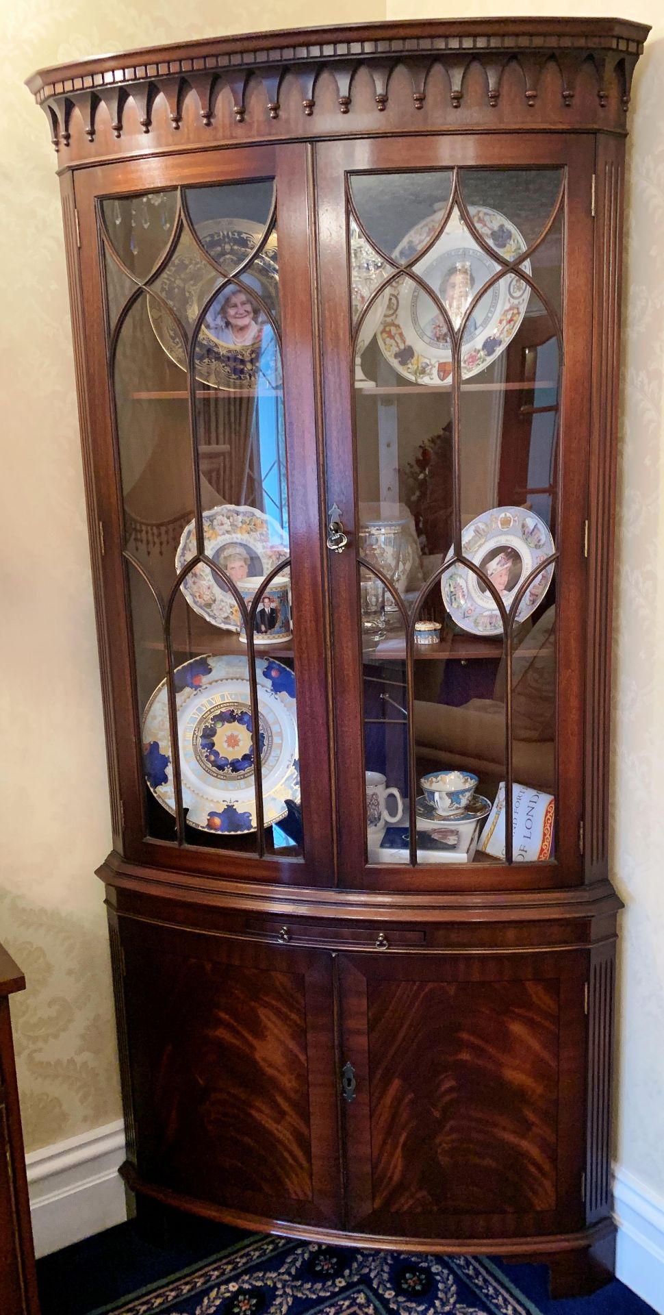 A tall curved front corner wall unit in dark mahogany finish with two glazed doors over slide two - Image 2 of 2