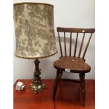 A Childs elm stick back chair and a brass table lamp complete with shade (2)