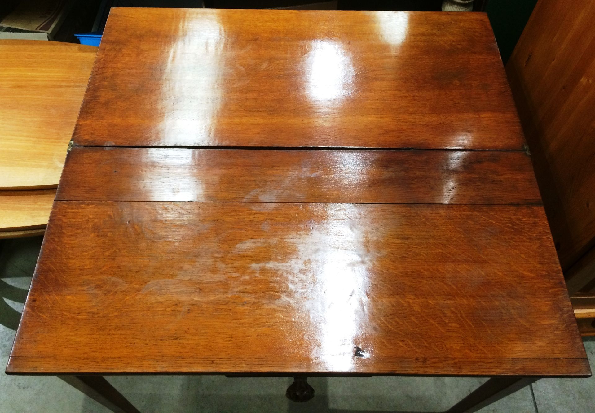 An oak single drawer folding top tea table 90 x 84cm when open, - Image 2 of 2