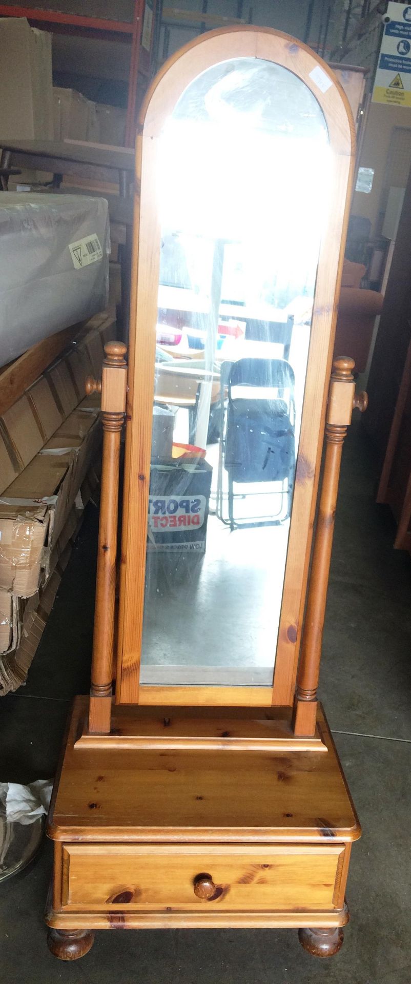 A modern pine cheval mirror with underdrawer (left back foot part missing)