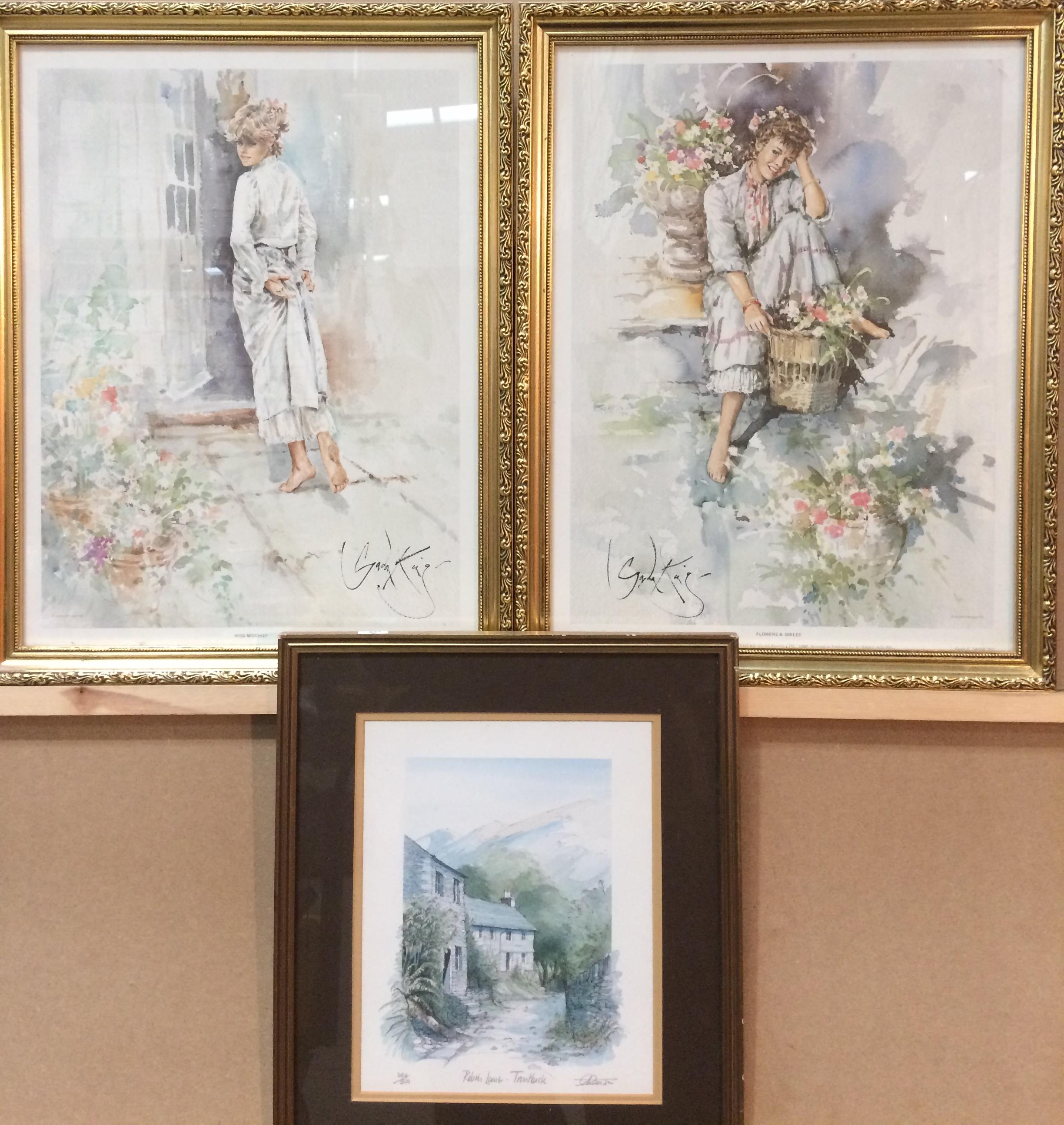 Gordon King two gilt framed prints - 'flowers and smiles' and 'Miss Mischief' both 45 x 34cm and a