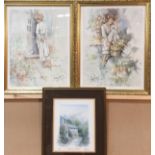 Gordon King two gilt framed prints - 'flowers and smiles' and 'Miss Mischief' both 45 x 34cm and a