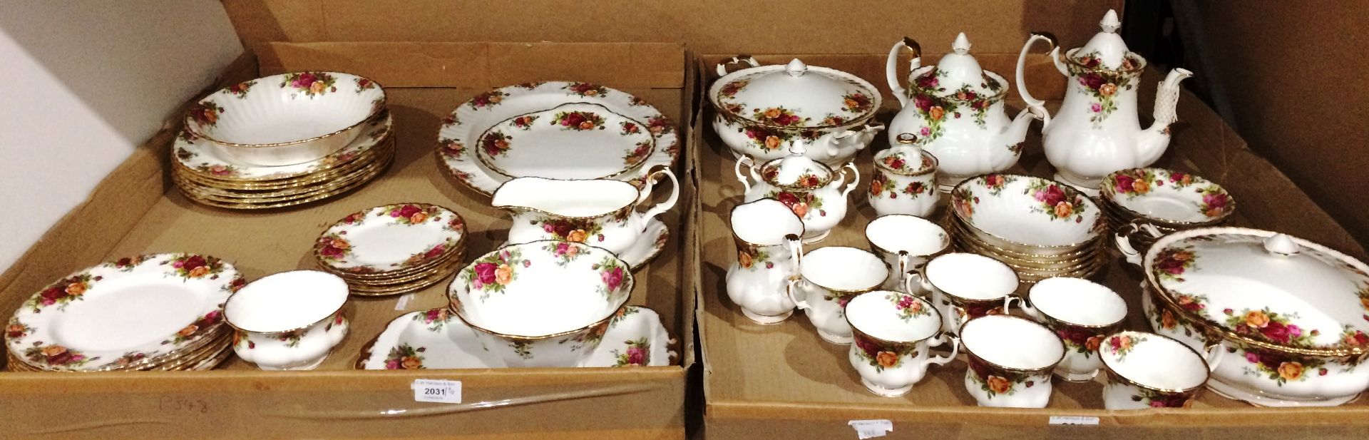 Contents to two trays 51 pieces of Royal Albert 'Old Country Roses' table ware including tureens,