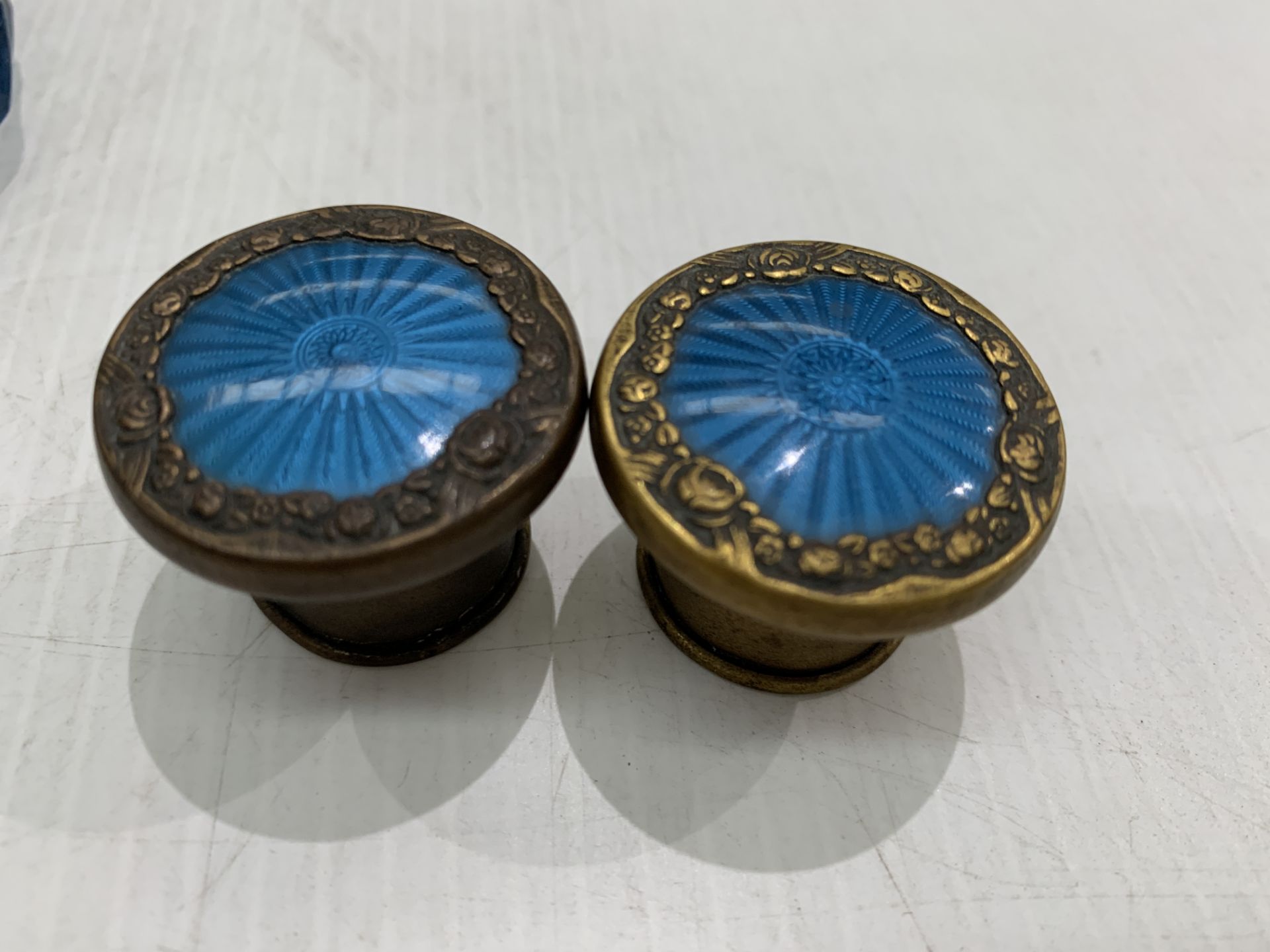 Five glass dressing table pieces with brass and blue enamel tops Further Information - Image 3 of 8