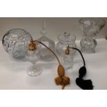 Six items - two atomizer sprays and four glass bowls and vases