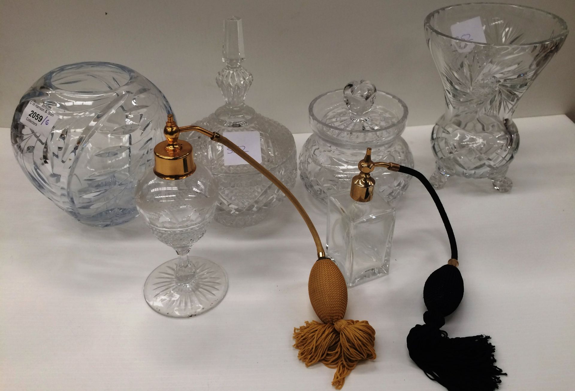 Six items - two atomizer sprays and four glass bowls and vases