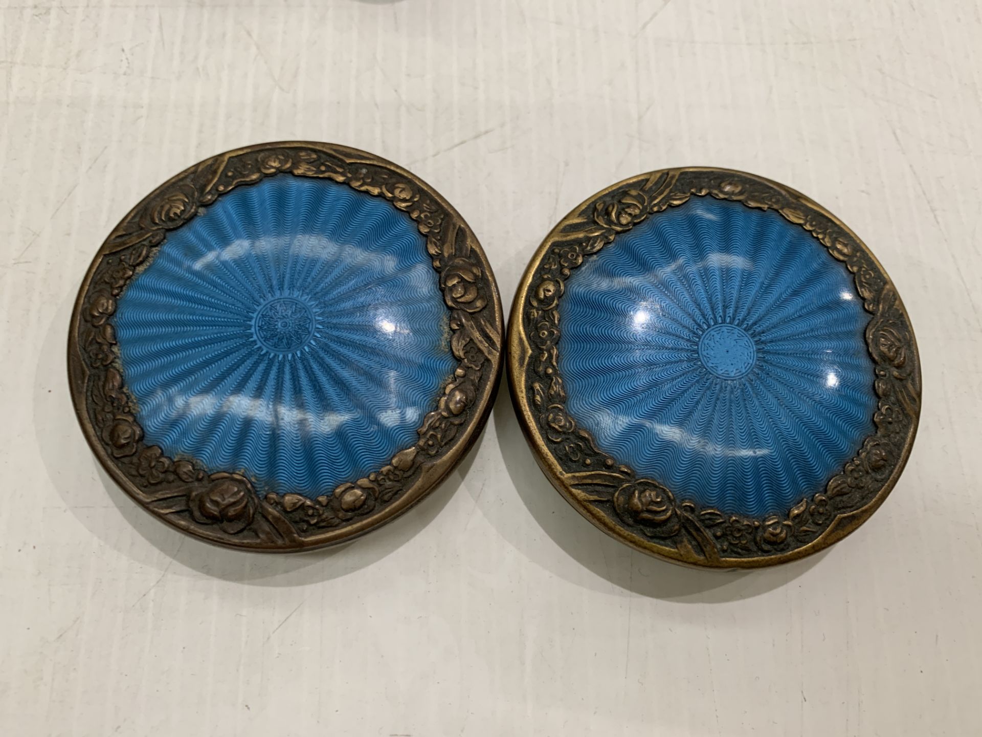 Five glass dressing table pieces with brass and blue enamel tops Further Information - Image 5 of 8