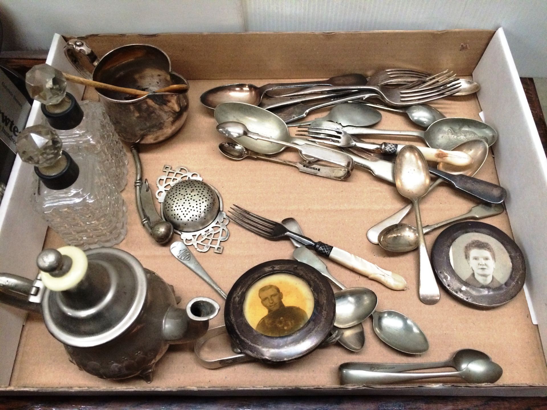 Contents to part table top two stainless steel tea services, pewter tankards and bowls, - Image 2 of 2