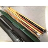 Three two piece pool/snooker cues - one BCE with Jimmy White facsimile signature,