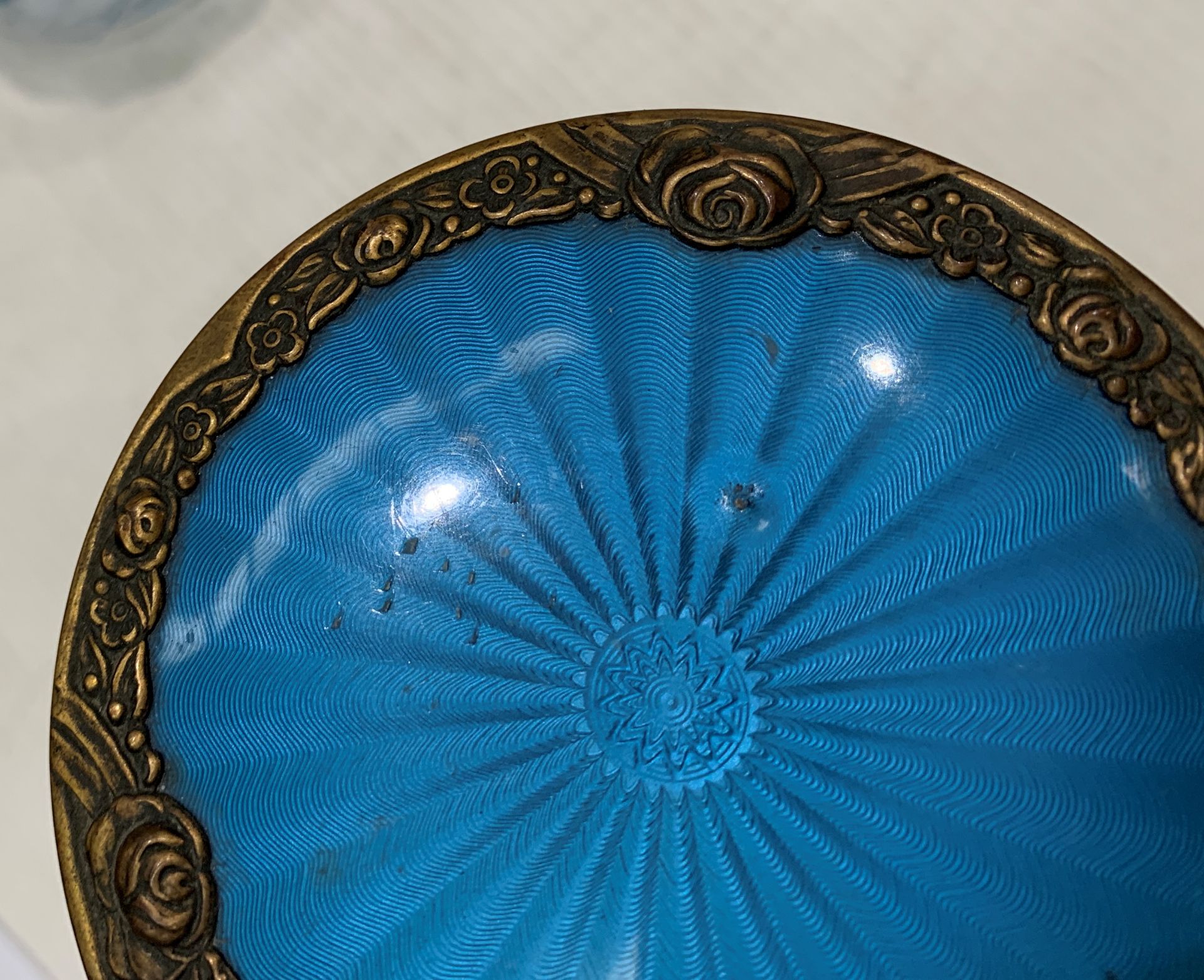 Five glass dressing table pieces with brass and blue enamel tops Further Information - Image 6 of 8