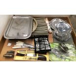 Contents to tray assorted plated and other metal cutlery, trays, cake stand etc.