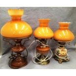 Three ornate table lamps with mustard coloured glass shades - flexes cut off not tested