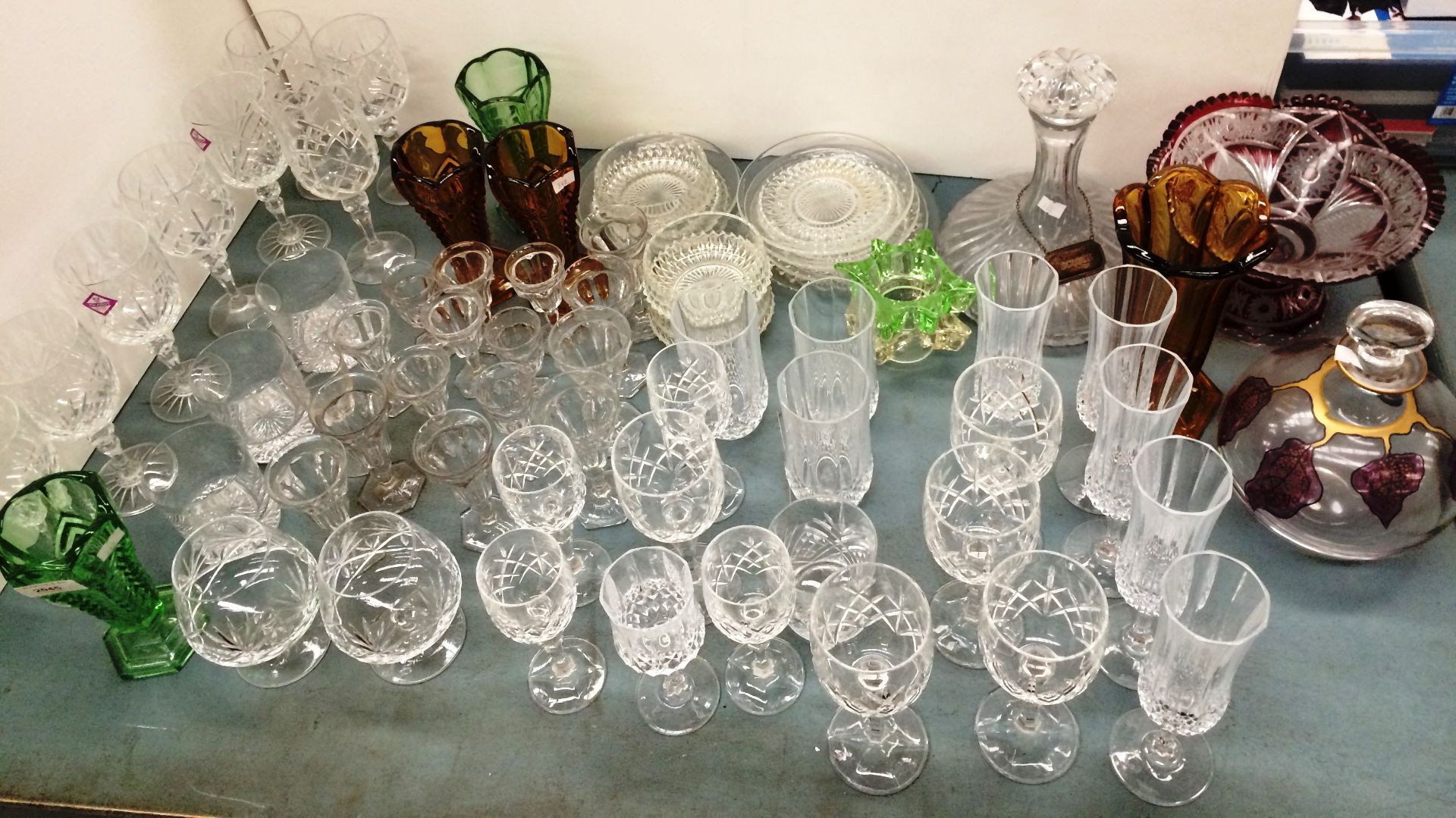 Contents to part table top - assorted glassware including a mushroom shaped decanter with Scotch