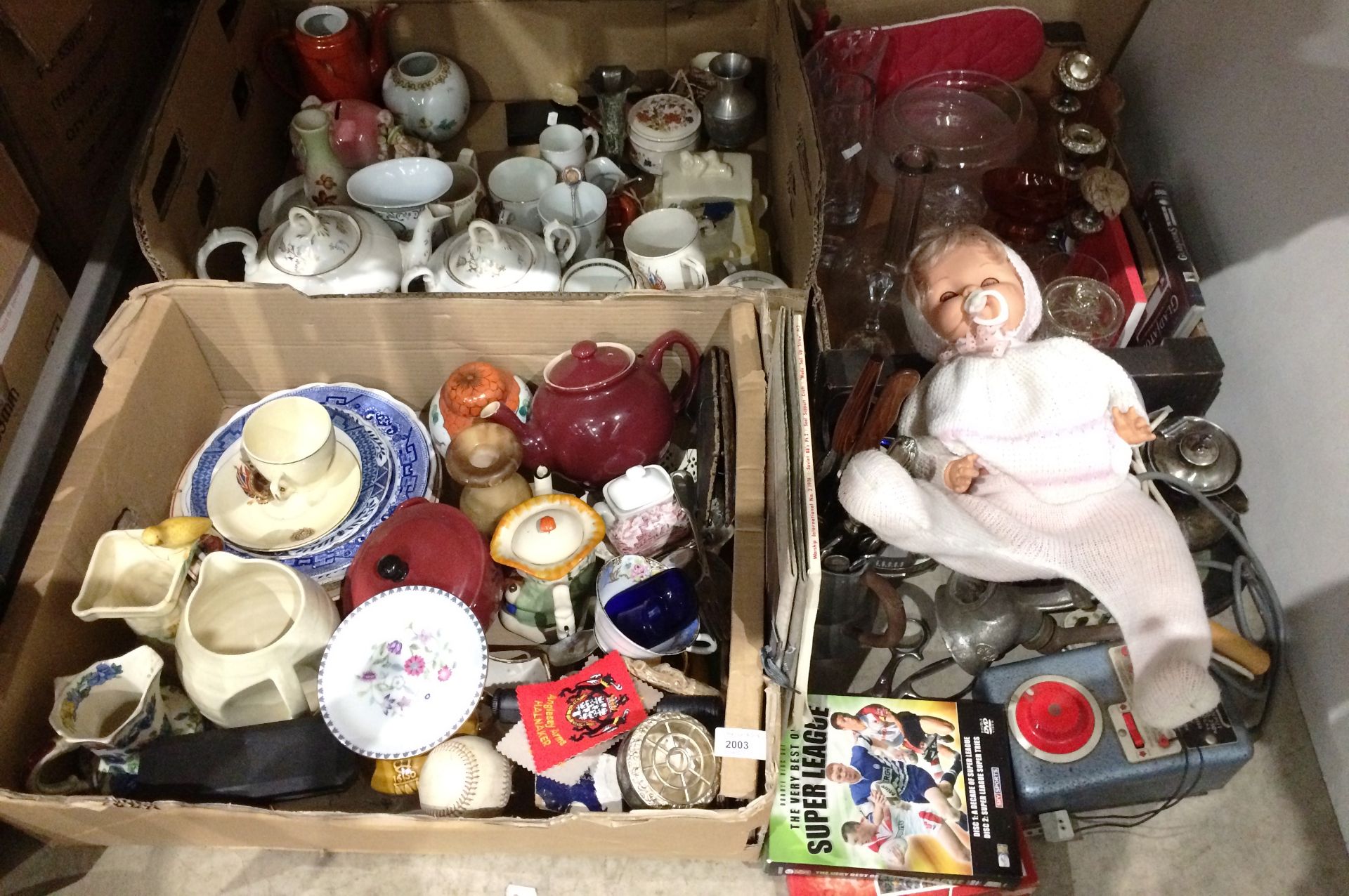 Contents to under part of rack four boxes of assorted pottery/porcelain, glassware, doll,
