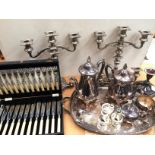 Small quantity of plated and metal ware including a pair of five stem candleabra, gallery tray,