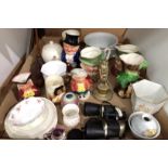 Contents to tray various Toby and character jugs, Hornsea Fauna jug, wood shoe stretcher,