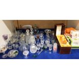 Contents to part of rack glassware including Bohemia Crystal decanter (boxed), other decanters,