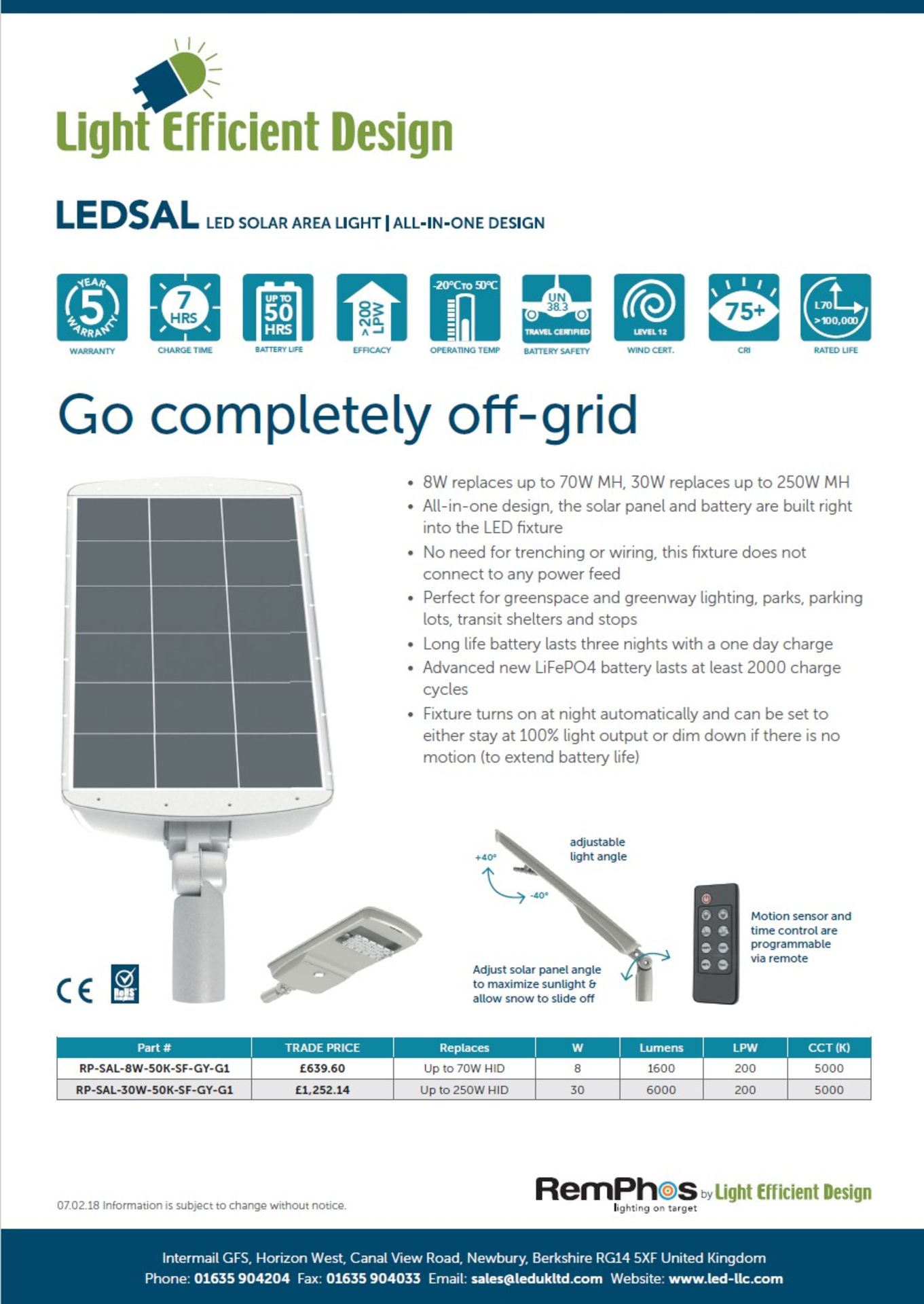 A RemPhos by Light Efficient Design LEDSAL LED Solar Area Light (All-In-One Design) - Image 5 of 6