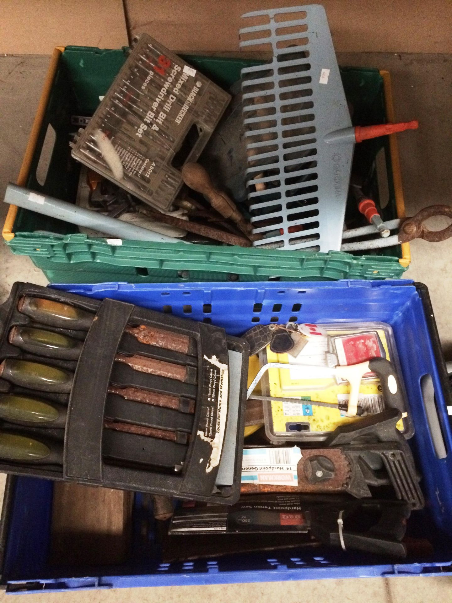 Contents to crates assorted hand tools, shoe last etc.