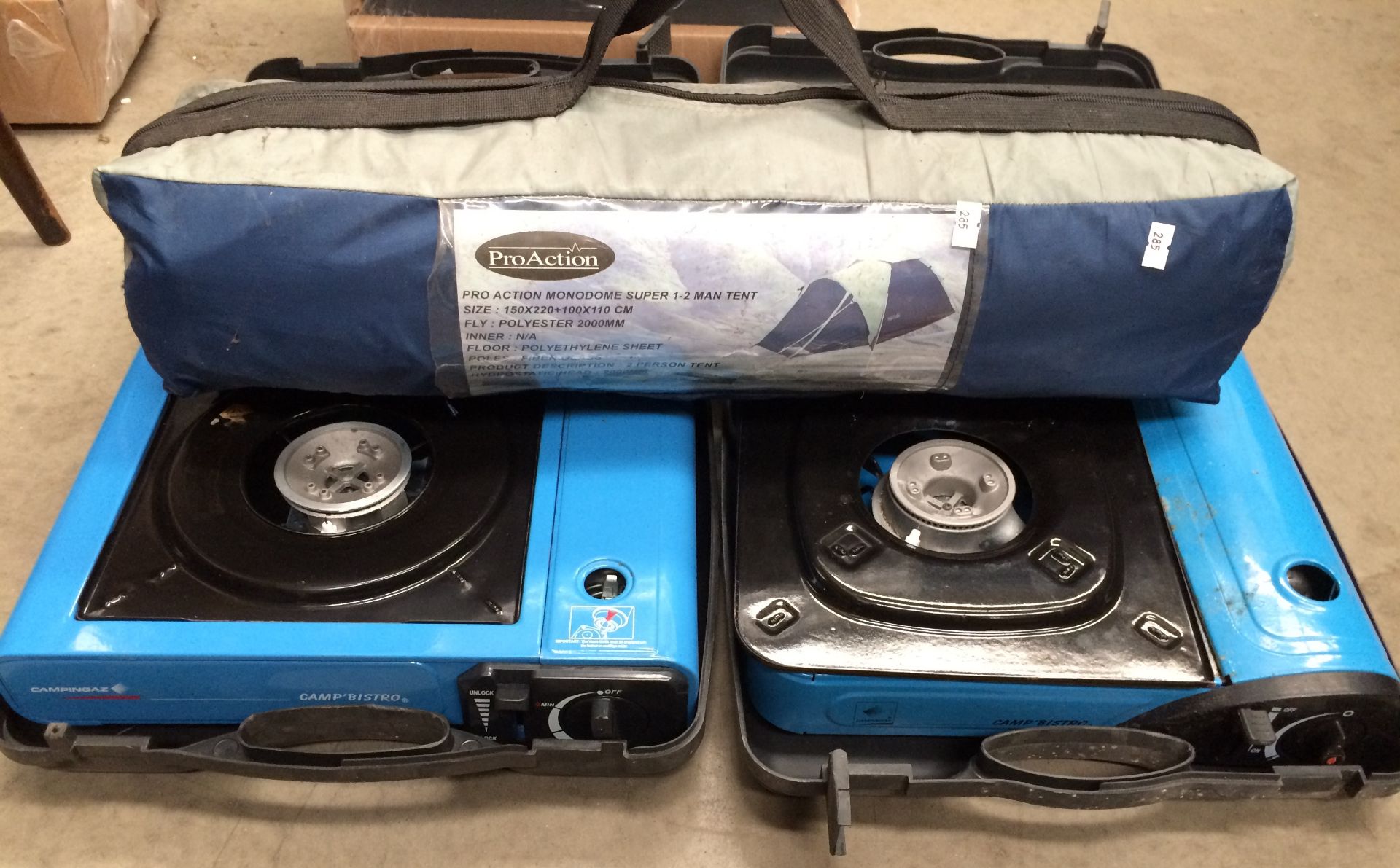 Pro-Action Monodome Super 1-2 man tent and two assorted gas stoves