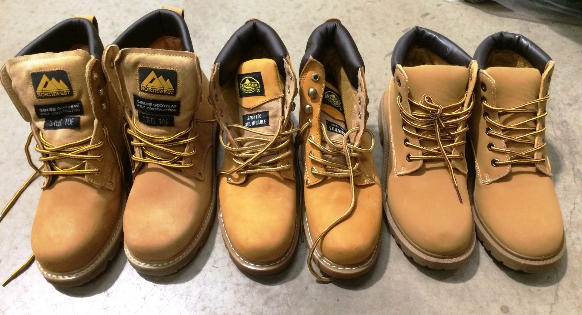 Three assorted pairs of tan boots, size 9 Northwest steel toe boots,