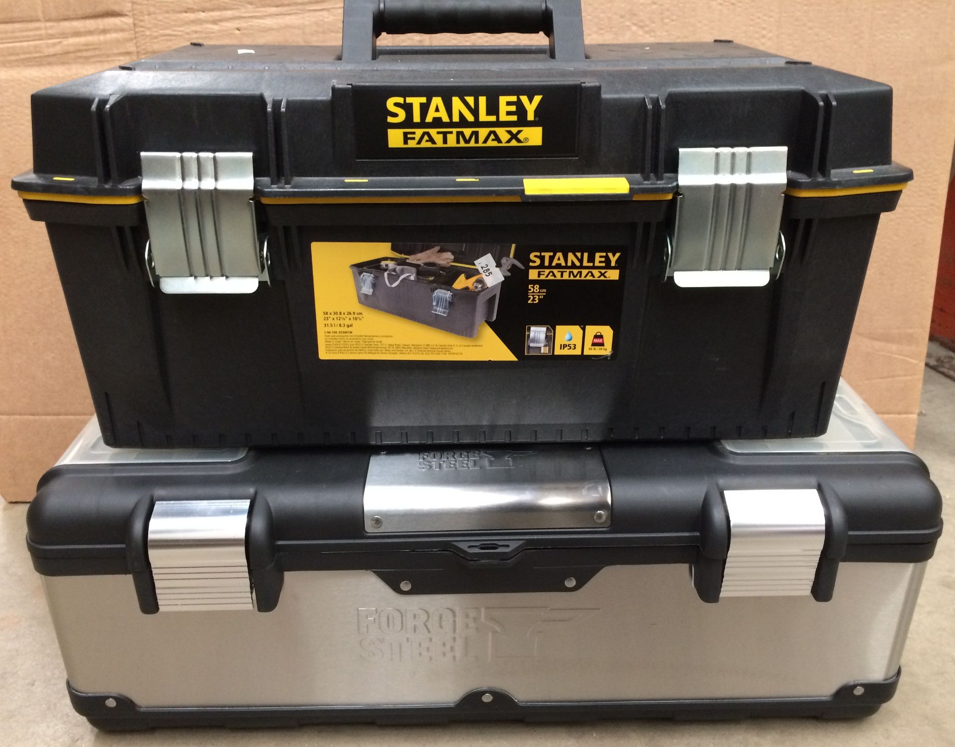 Two assorted tool boxes by Stanley Fat Max (58cm) and Forge Steel with a quantity of assorted hand