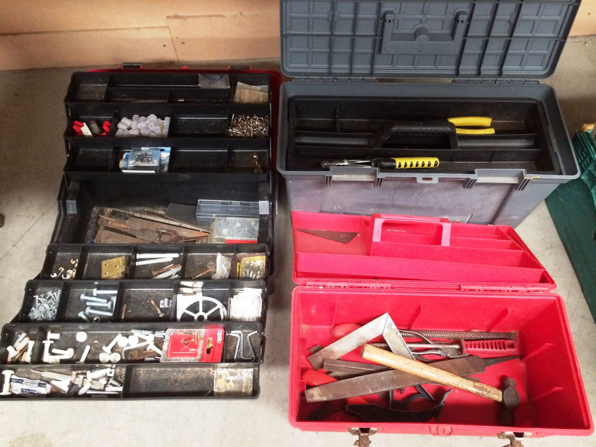 Three assorted tool boxes and contents hammer, drill bits, screws etc.