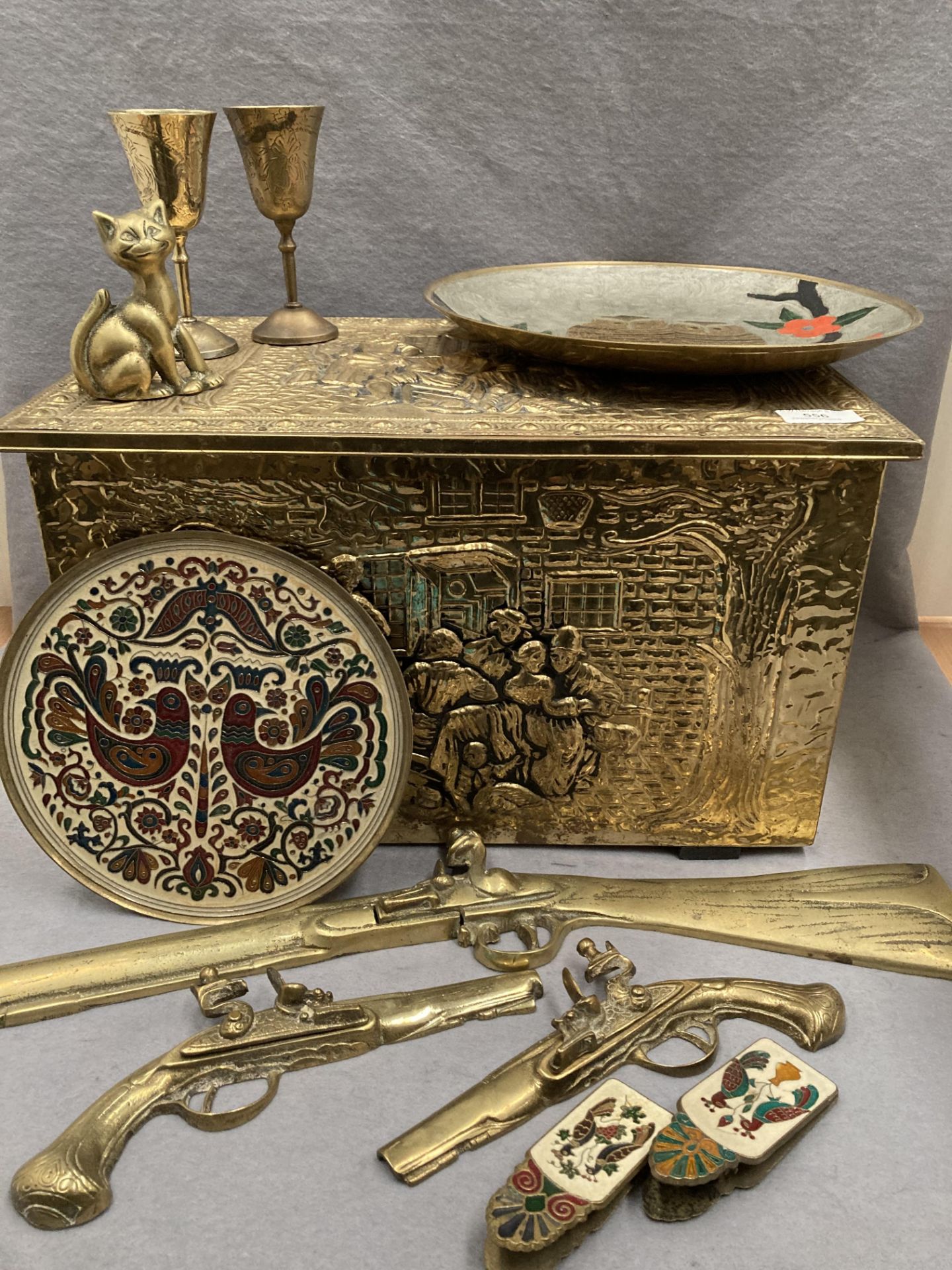 Decorative brass coal box and contents - three brass wall mounting dummy pistols, trays, goblets, - Image 2 of 2
