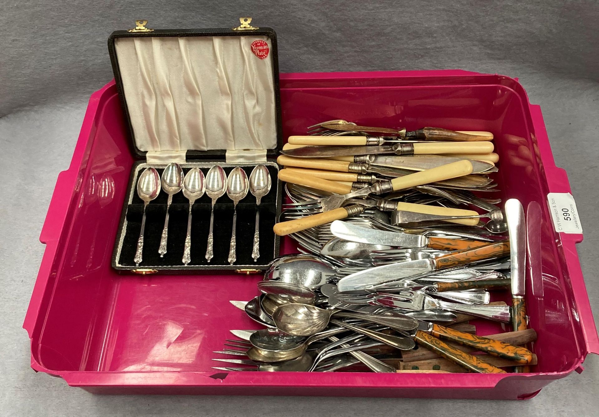 Contents to tray - a quantity of plated and other cutlery