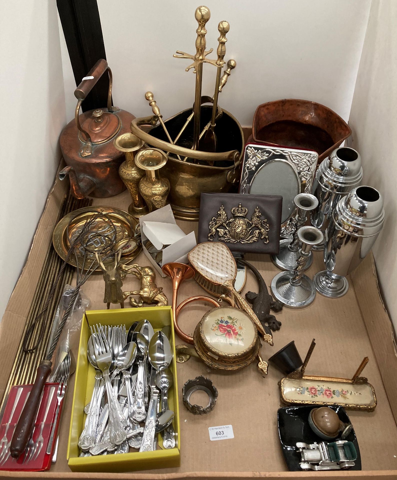 Contents to tray - copper kettle, brass coal bucket, brass stair rods,