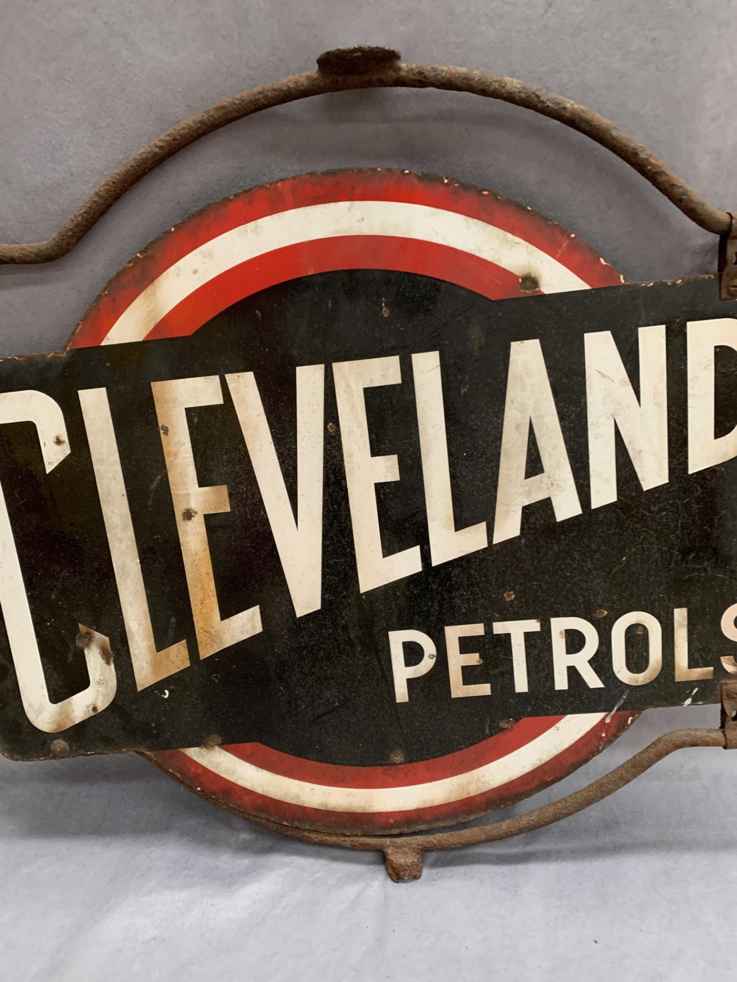 A Vintage Cleveland Petrols double sided revolving metal sign 67 x 60cm on metal frame - Image 8 of 9