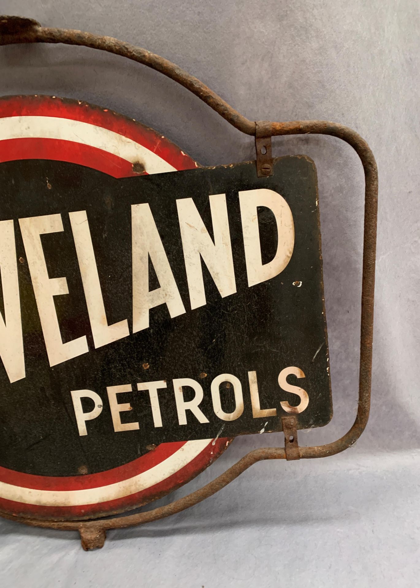 A Vintage Cleveland Petrols double sided revolving metal sign 67 x 60cm on metal frame - Image 9 of 9