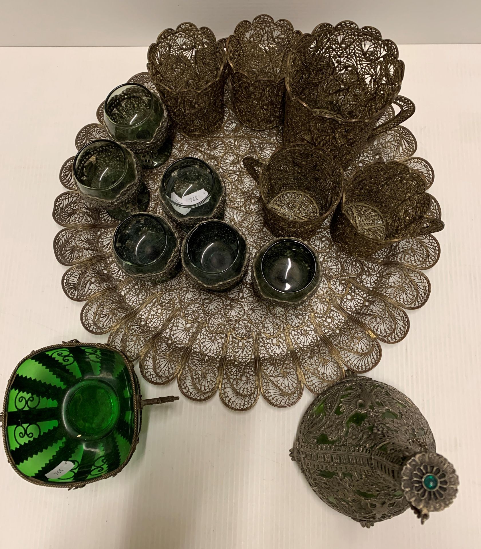 A wire work tray and contents small green/blue decanters and six wine glasses with wire detail, - Image 2 of 4